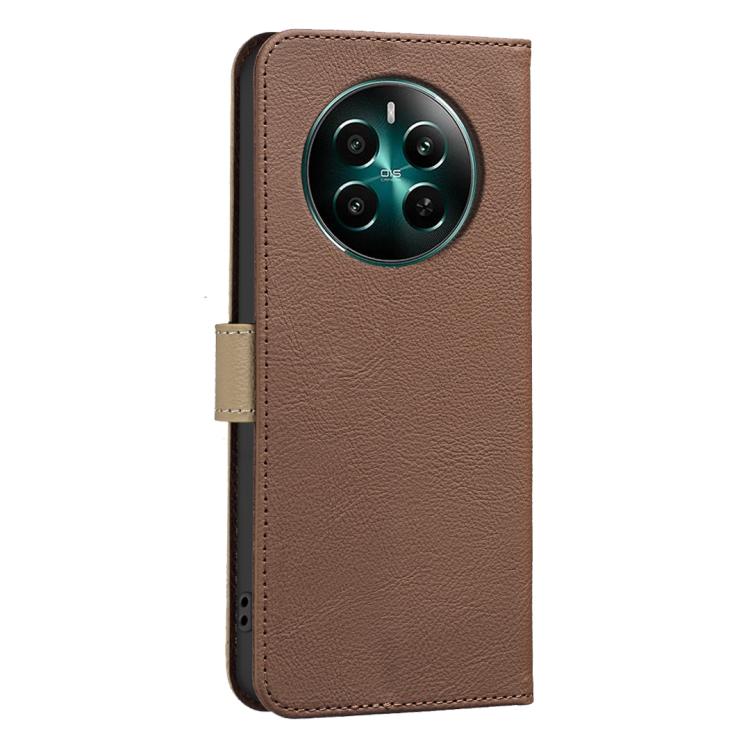 For Realme 12+ 5G Splicing Color Hollow Flower Pattern RFID Leather Phone Case