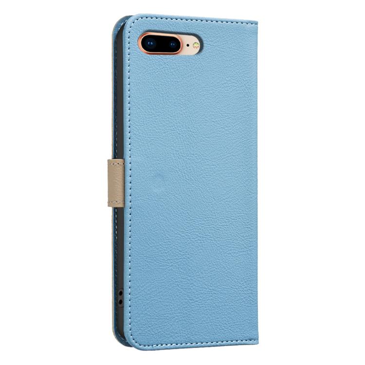 For iPhone 6 Plus / 7 Plus / 8 Plus Splicing Color Hollow Flower Pattern RFID Leather Phone Case