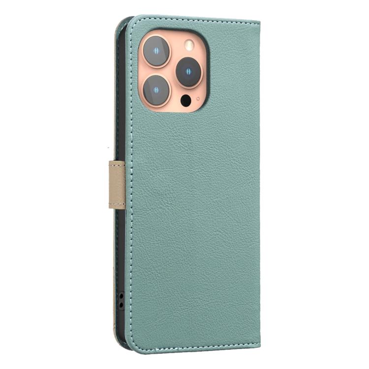 For iPhone 13 Pro Max Splicing Color Hollow Flower Pattern RFID Leather Phone Case