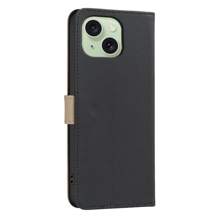 For iPhone 14 Plus / 15 Plus Splicing Color Hollow Flower Pattern RFID Leather Phone Case