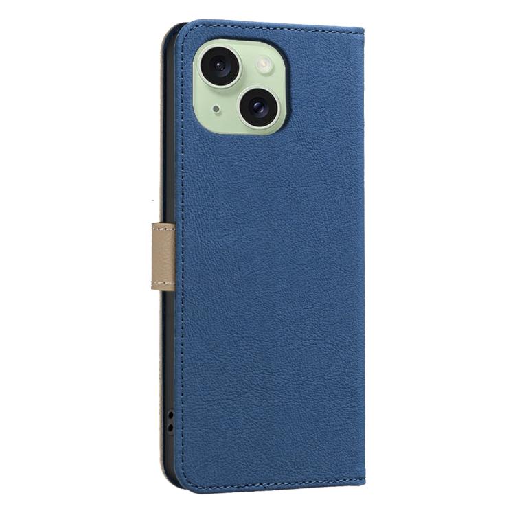 For iPhone 14 Plus / 15 Plus Splicing Color Hollow Flower Pattern RFID Leather Phone Case