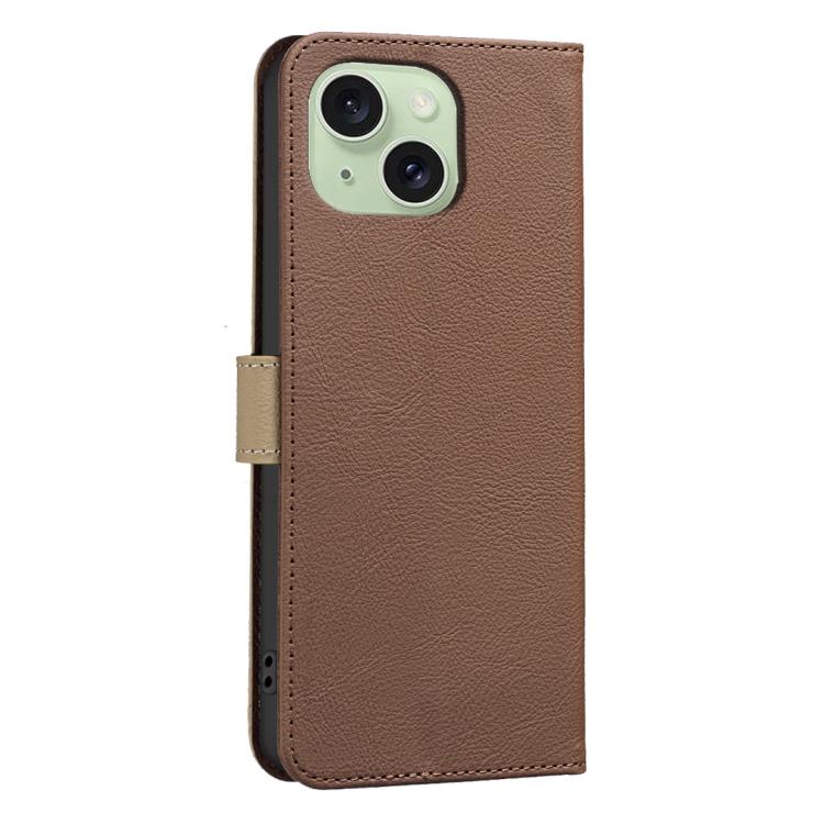 For iPhone 14 Plus / 15 Plus Splicing Color Hollow Flower Pattern RFID Leather Phone Case