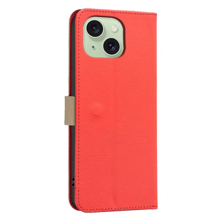 For iPhone 14 Plus / 15 Plus Splicing Color Hollow Flower Pattern RFID Leather Phone Case
