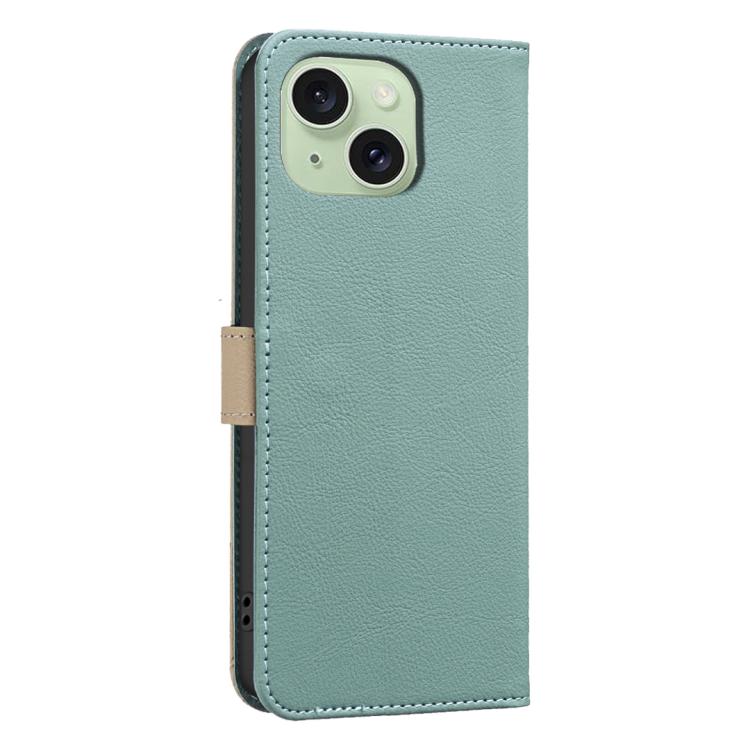 For iPhone 14 Plus / 15 Plus Splicing Color Hollow Flower Pattern RFID Leather Phone Case