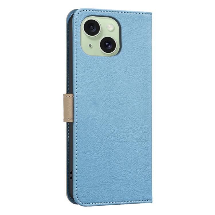 For iPhone 14 Plus / 15 Plus Splicing Color Hollow Flower Pattern RFID Leather Phone Case