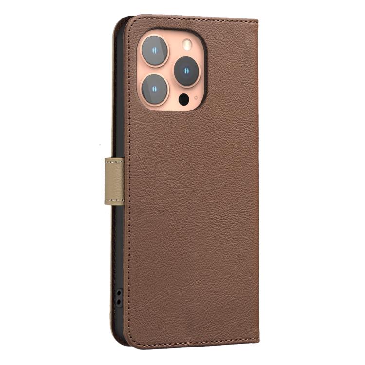 For iPhone 14 Pro Max Splicing Color Hollow Flower Pattern RFID Leather Phone Case