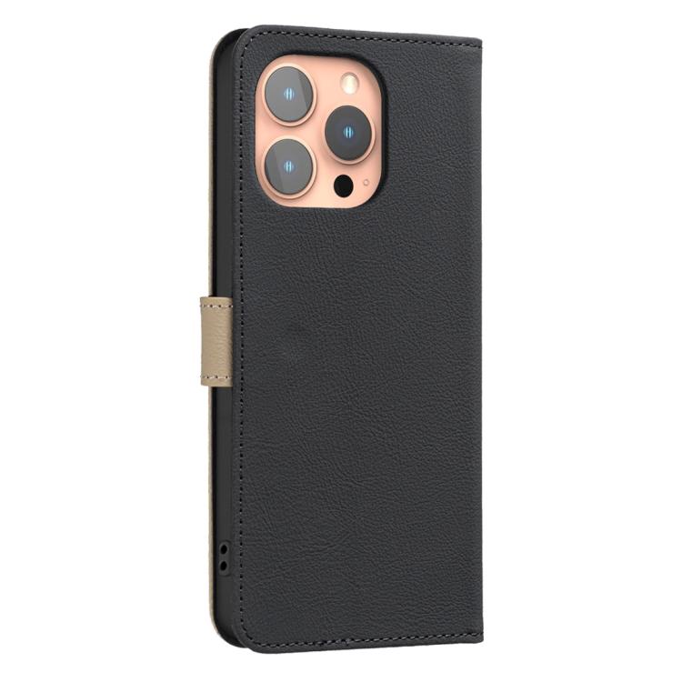 For iPhone 14 Pro Splicing Color Hollow Flower Pattern RFID Leather Phone Case