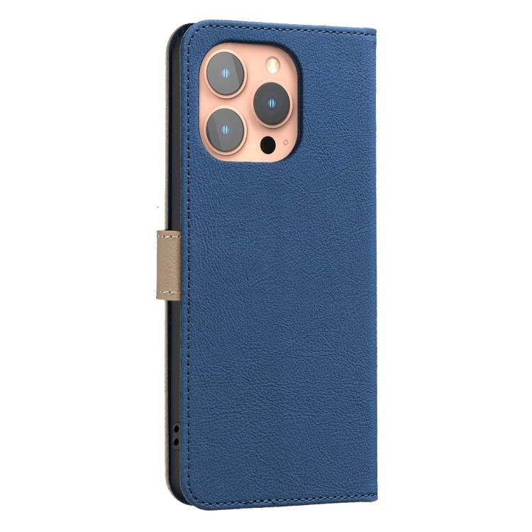 For iPhone 15 Pro Max Splicing Color Hollow Flower Pattern RFID Leather Phone Case