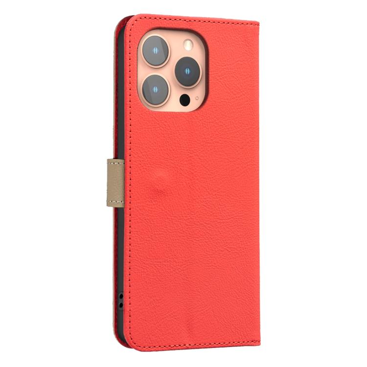 For iPhone 15 Pro Max Splicing Color Hollow Flower Pattern RFID Leather Phone Case