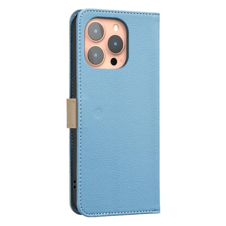 For iPhone 15 Pro Max Splicing Color Hollow Flower Pattern RFID Leather Phone Case