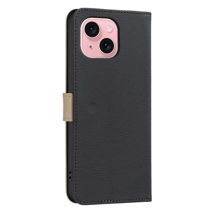 For iPhone 15 Splicing Color Hollow Flower Pattern RFID Leather Phone Case