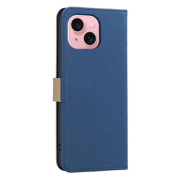 For iPhone 15 Splicing Color Hollow Flower Pattern RFID Leather Phone Case