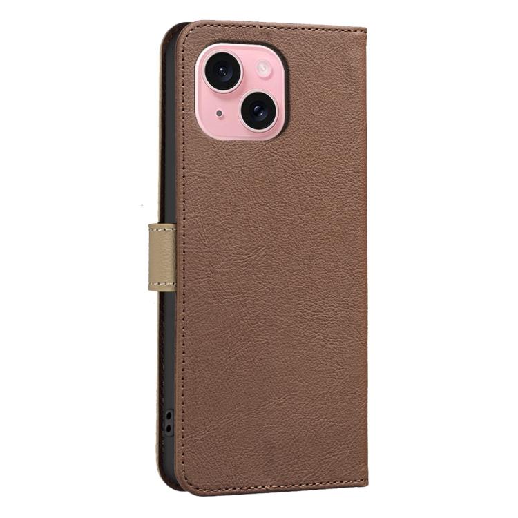 For iPhone 15 Splicing Color Hollow Flower Pattern RFID Leather Phone Case