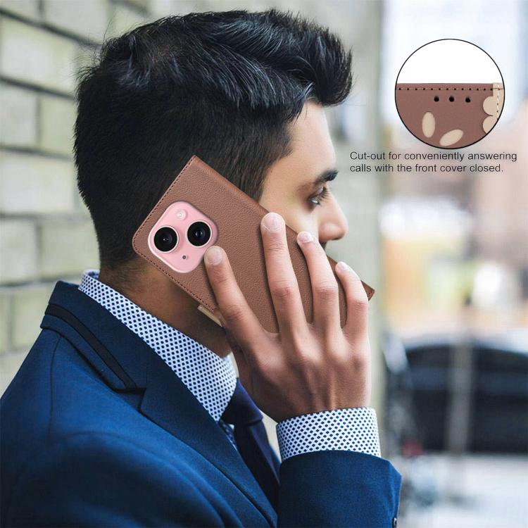 For iPhone 15 Splicing Color Hollow Flower Pattern RFID Leather Phone Case