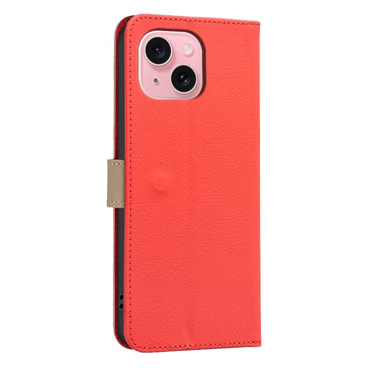 For iPhone 15 Splicing Color Hollow Flower Pattern RFID Leather Phone Case