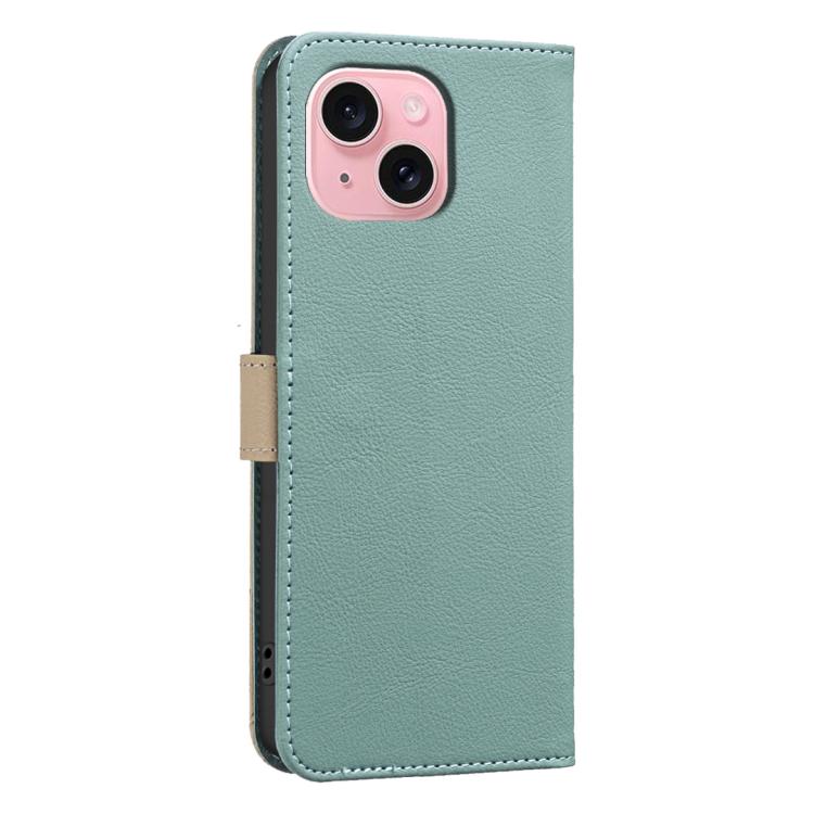 For iPhone 15 Splicing Color Hollow Flower Pattern RFID Leather Phone Case