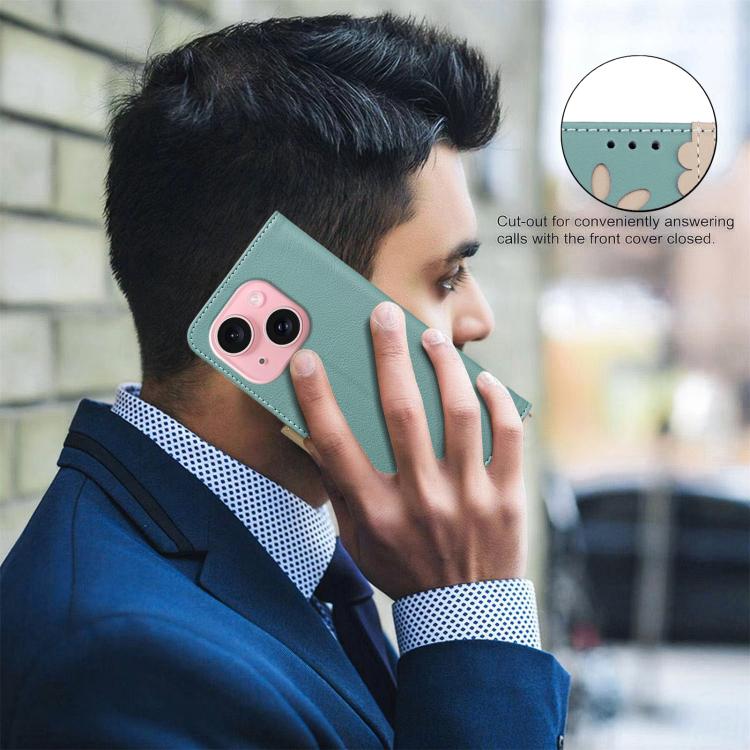 For iPhone 15 Splicing Color Hollow Flower Pattern RFID Leather Phone Case