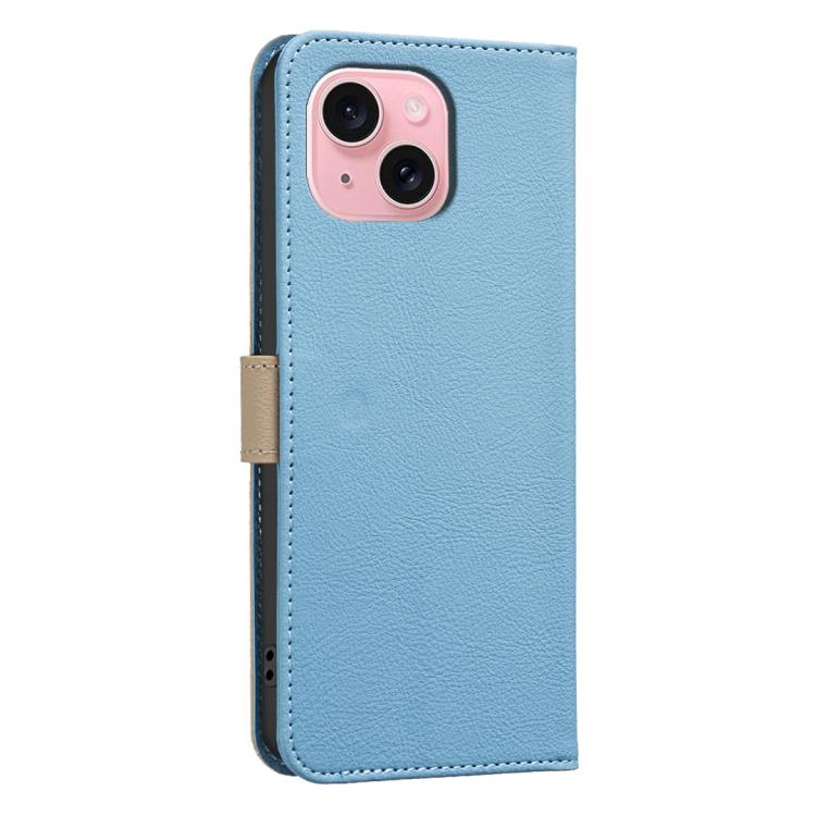 For iPhone 15 Splicing Color Hollow Flower Pattern RFID Leather Phone Case
