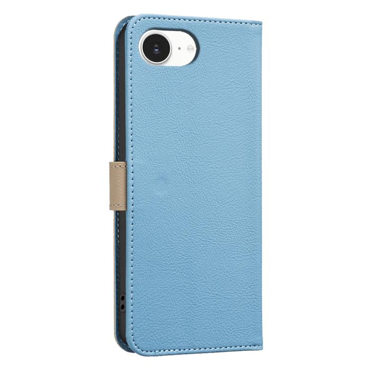 For iPhone 16e / 17e Splicing Color Hollow Flower Pattern RFID Leather Phone Case