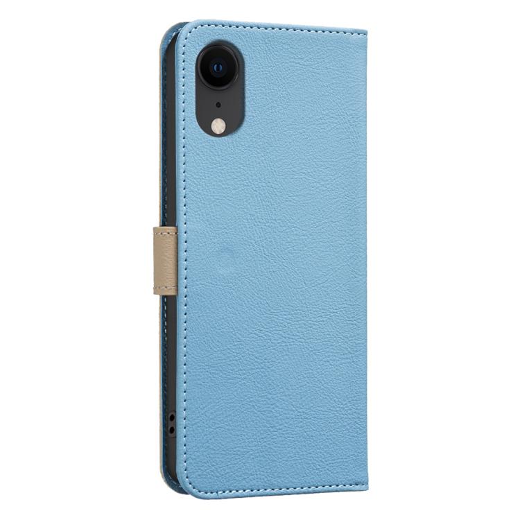 For iPhone XR Splicing Color Hollow Flower Pattern RFID Leather Phone Case