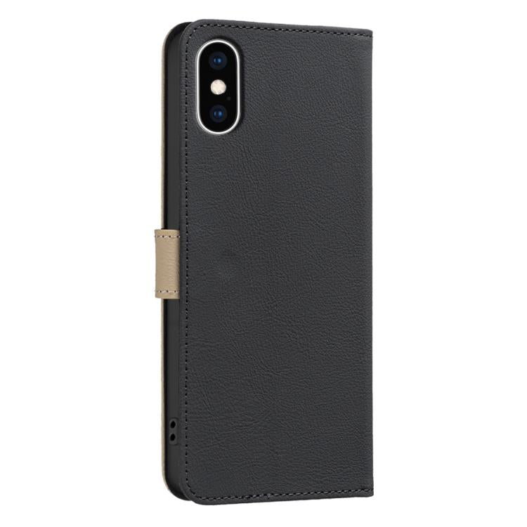 For iPhone XS Max Splicing Color Hollow Flower Pattern RFID Leather Phone Case