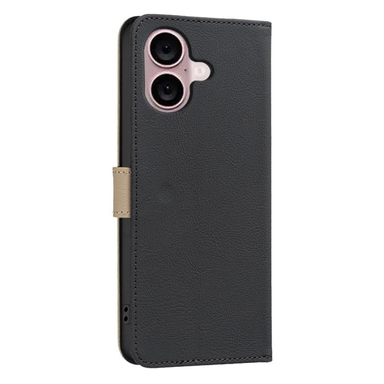 For iPhone 16 Plus Splicing Color Hollow Flower Pattern RFID Leather Phone Case