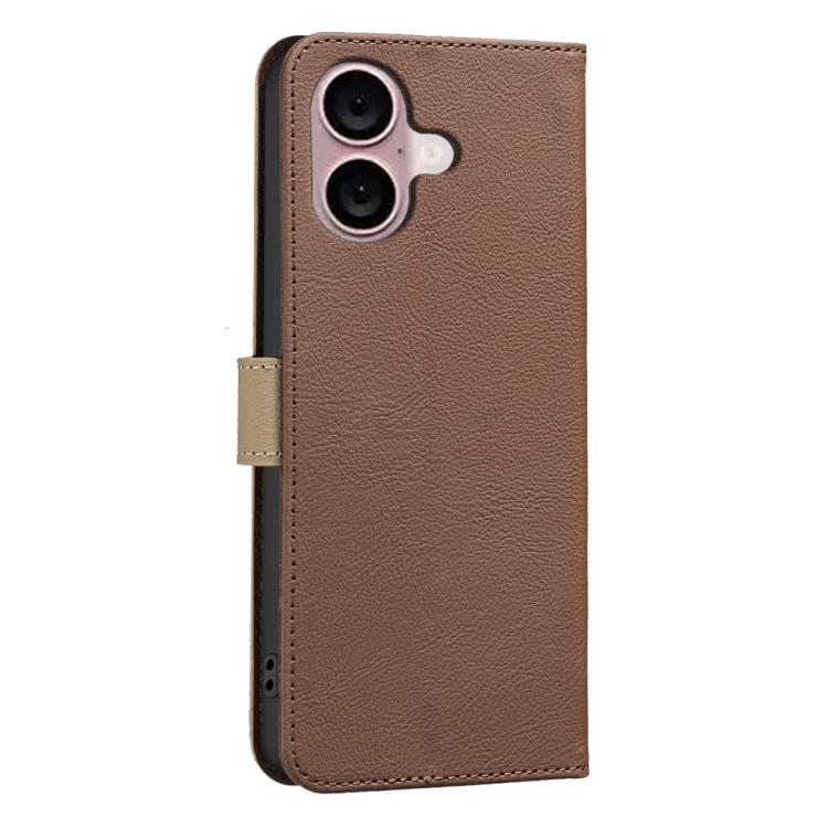 For iPhone 16 Plus Splicing Color Hollow Flower Pattern RFID Leather Phone Case
