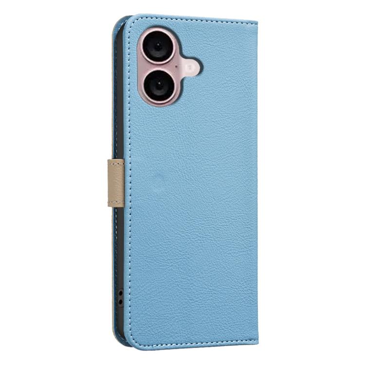 For iPhone 16 Plus Splicing Color Hollow Flower Pattern RFID Leather Phone Case