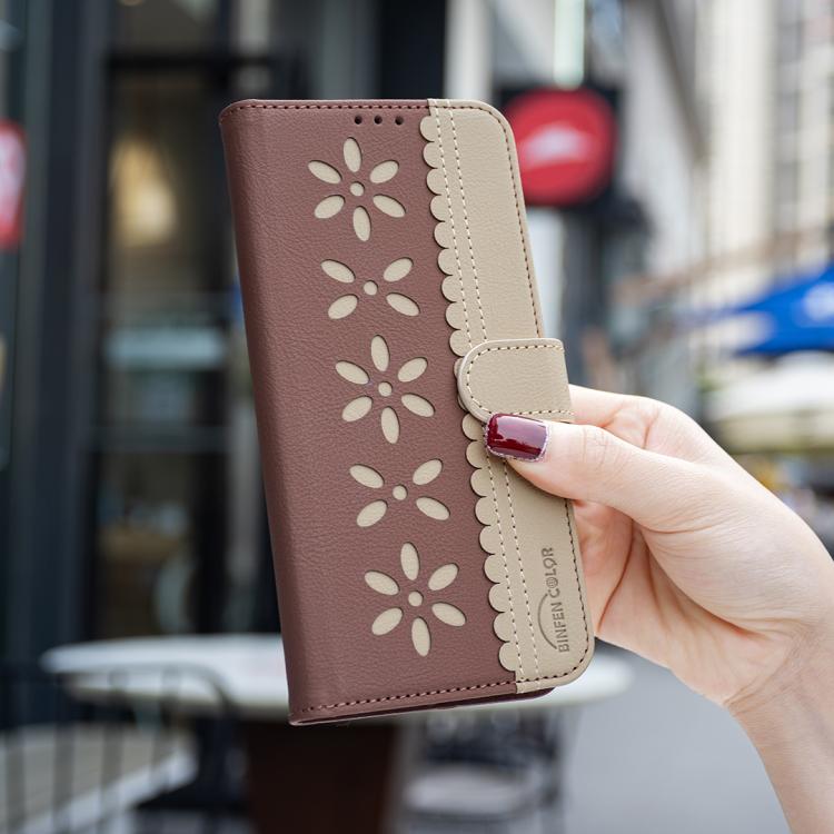 For iPhone 17 Splicing Color Hollow Flower Pattern RFID Leather Phone Case