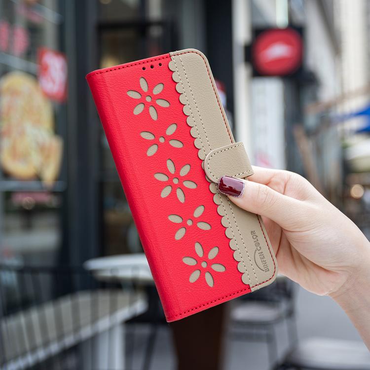 For iPhone 17 Splicing Color Hollow Flower Pattern RFID Leather Phone Case