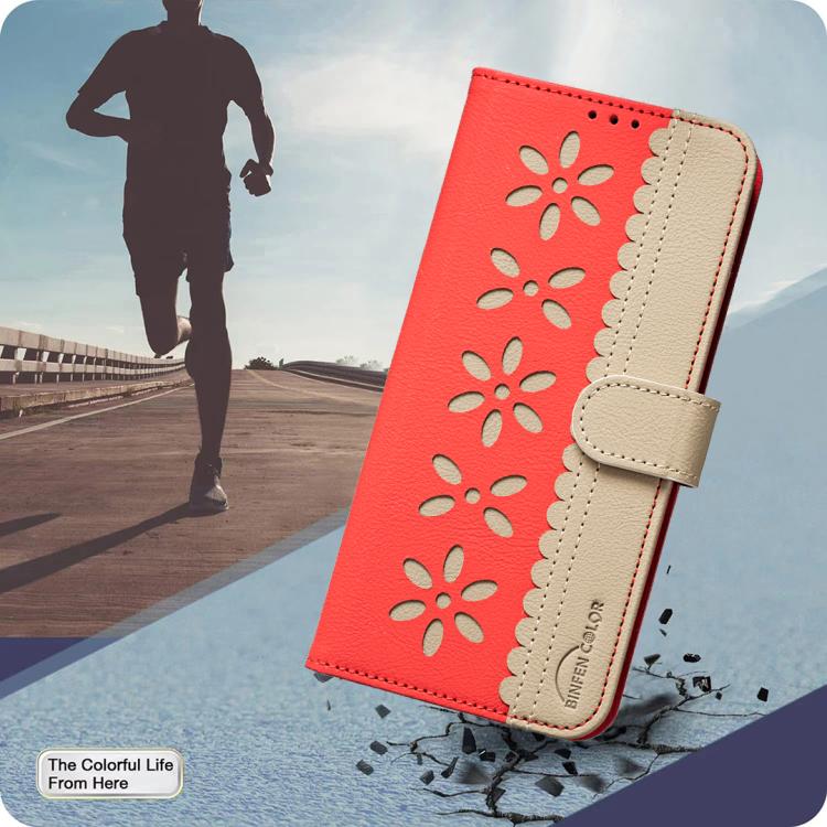 For iPhone Air Splicing Color Hollow Flower Pattern RFID Leather Phone Case