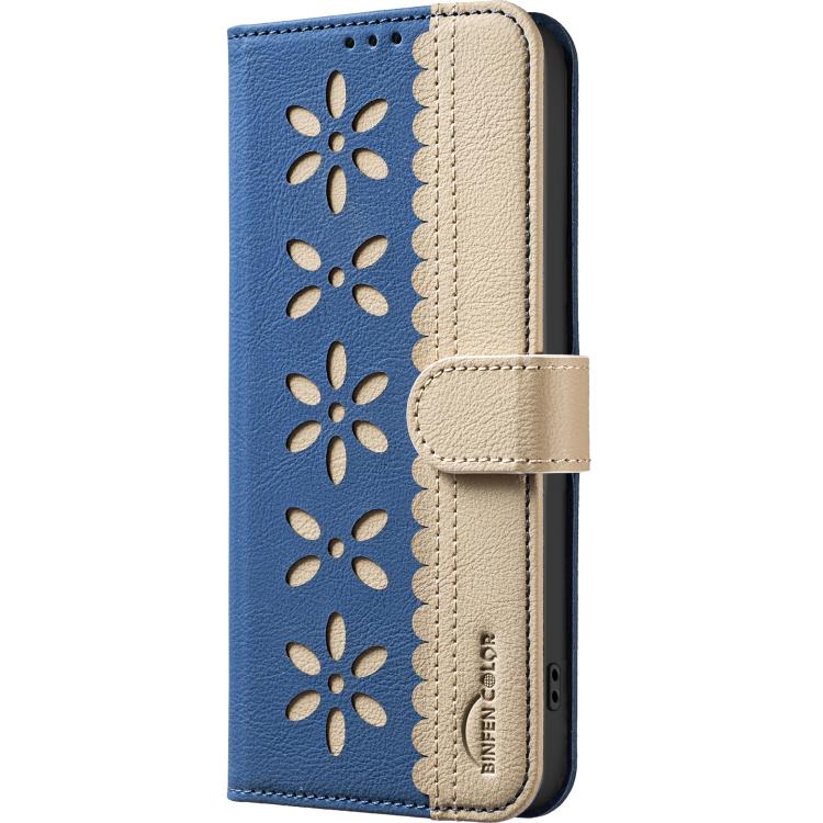 For iPhone 17 Pro Max Splicing Color Hollow Flower Pattern RFID Leather Phone Case