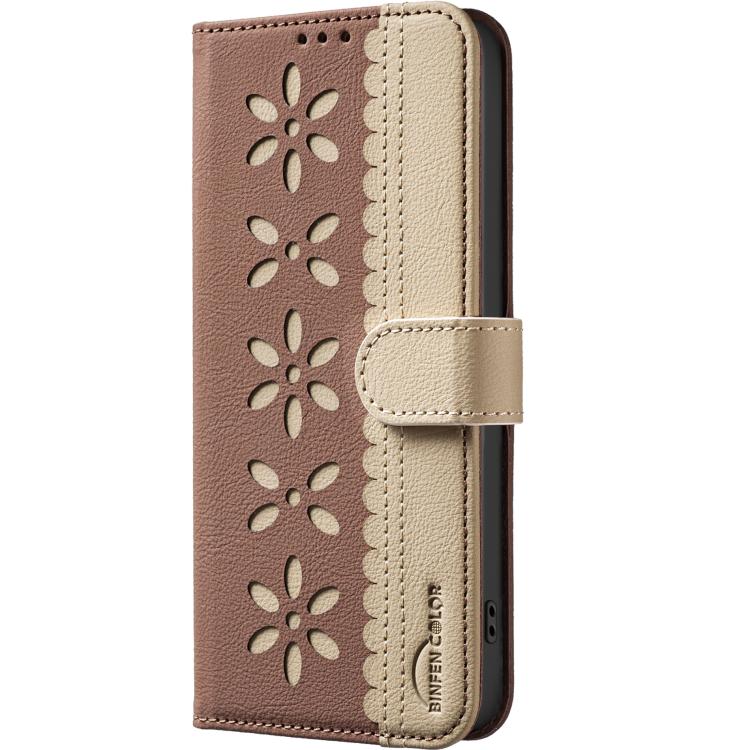 For vivo Y03 4G Global Splicing Color Hollow Flower Pattern RFID Leather Phone Case