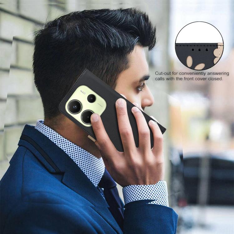 For Redmi Note 14 4G 163.25mm Splicing Color Hollow Flower Pattern RFID Leather Phone Case