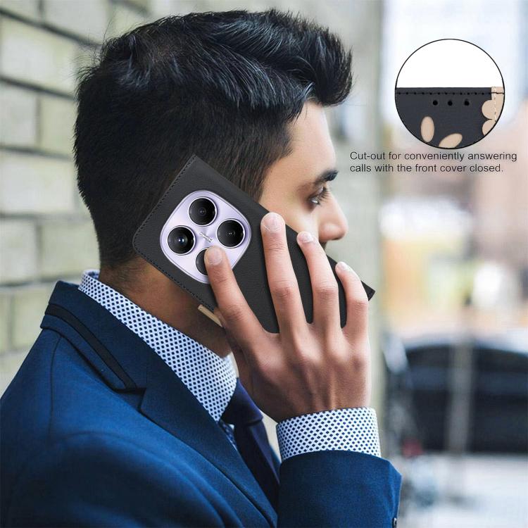 For Redmi Note 14 Pro 4G Splicing Color Hollow Flower Pattern RFID Leather Phone Case