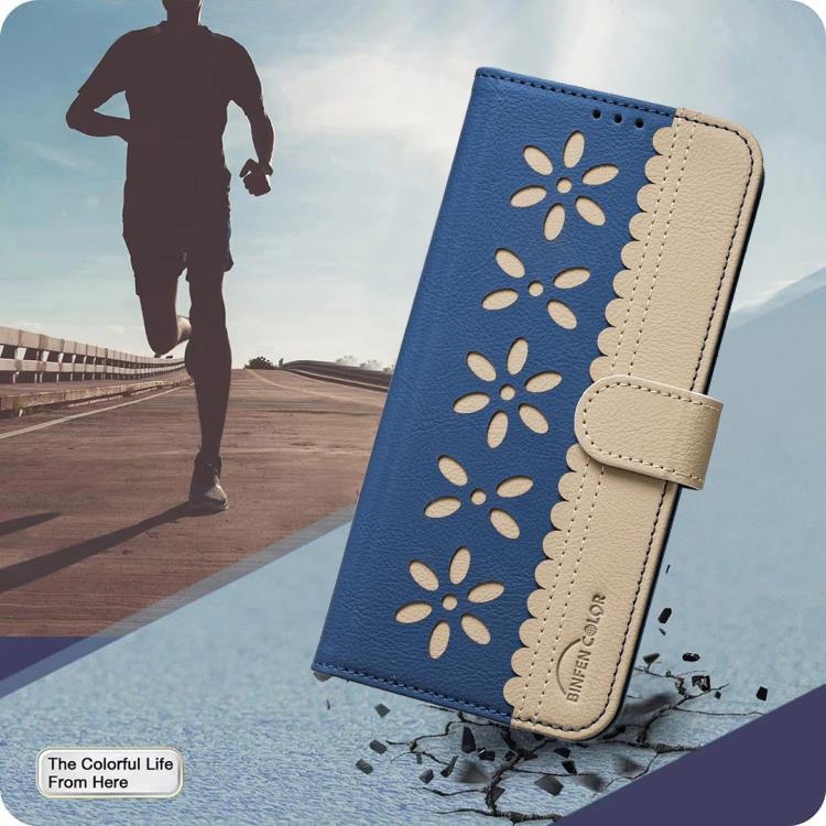 For Redmi Note 14 5G Splicing Color Hollow Flower Pattern RFID Leather Phone Case