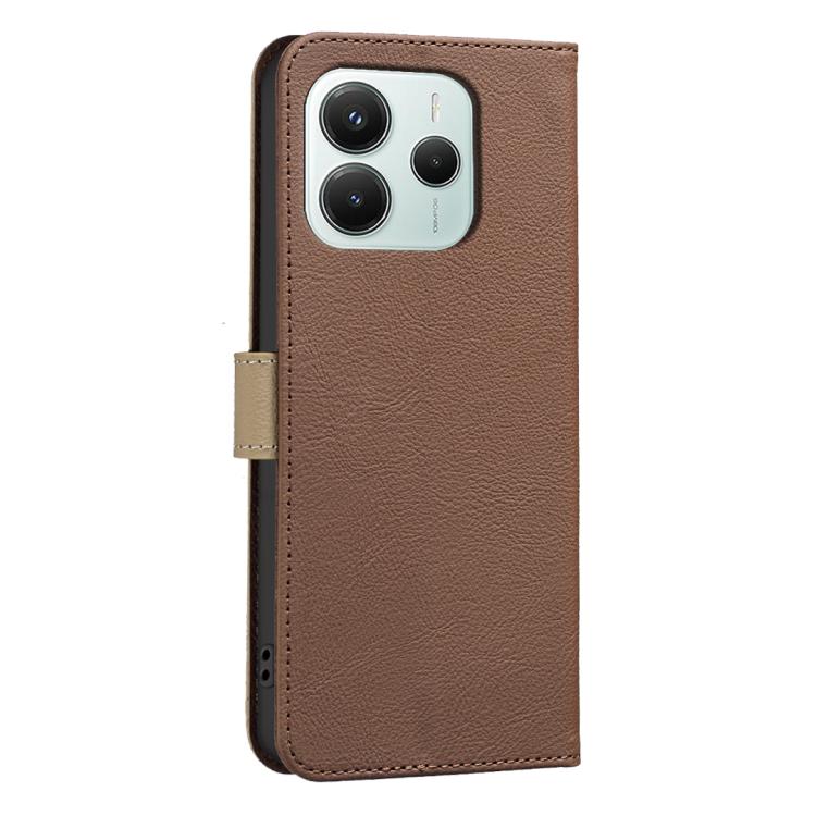 For Redmi Note 14 5G Splicing Color Hollow Flower Pattern RFID Leather Phone Case