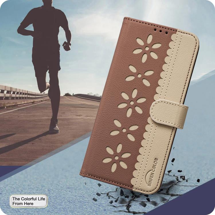 For Redmi Note 14 5G Splicing Color Hollow Flower Pattern RFID Leather Phone Case