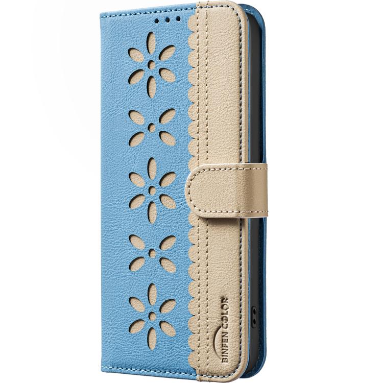 For Redmi Note 14 5G Splicing Color Hollow Flower Pattern RFID Leather Phone Case