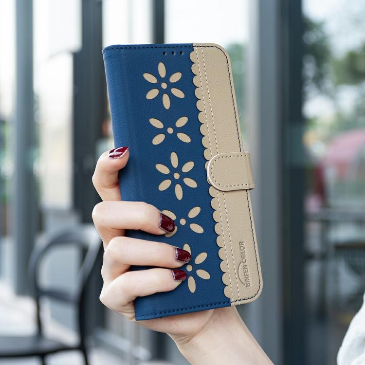For Redmi Turbo 4 Pro Splicing Color Hollow Flower Pattern RFID Leather Phone Case