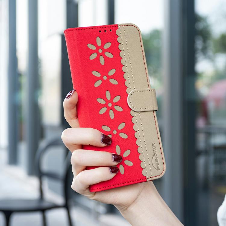 For Redmi Turbo 4 Pro Splicing Color Hollow Flower Pattern RFID Leather Phone Case