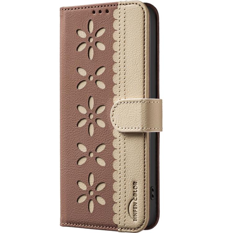 For Xiaomi Poco M7 4G 169mm Splicing Color Hollow Flower Pattern RFID Leather Phone Case