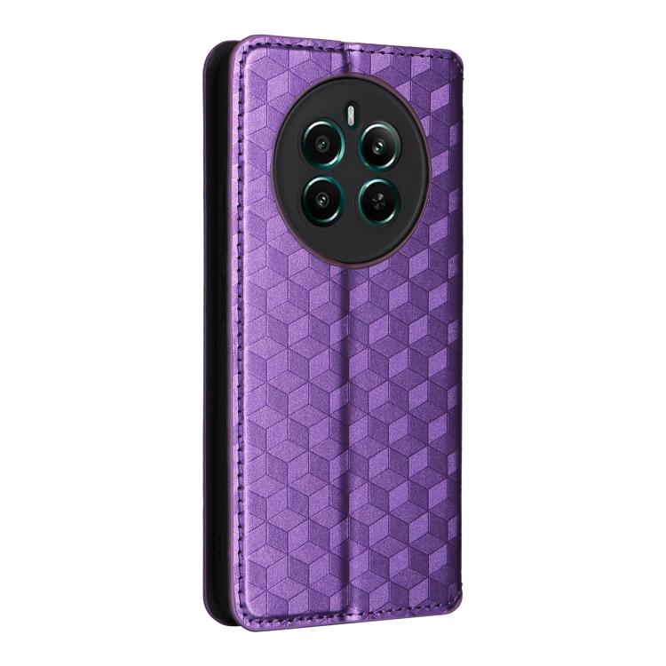For Realme 12+ 5G Cubic Grid Texture Flip Leather Phone Case