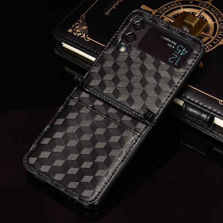 For Samsung Galaxy Z Flip3 Siamese Cubic Grid Texture Card Slot Leather Phone Case