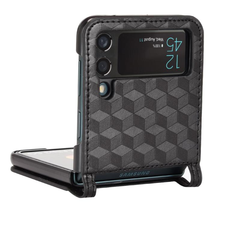 For Samsung Galaxy Z Flip3 Siamese Cubic Grid Texture Card Slot Leather Phone Case
