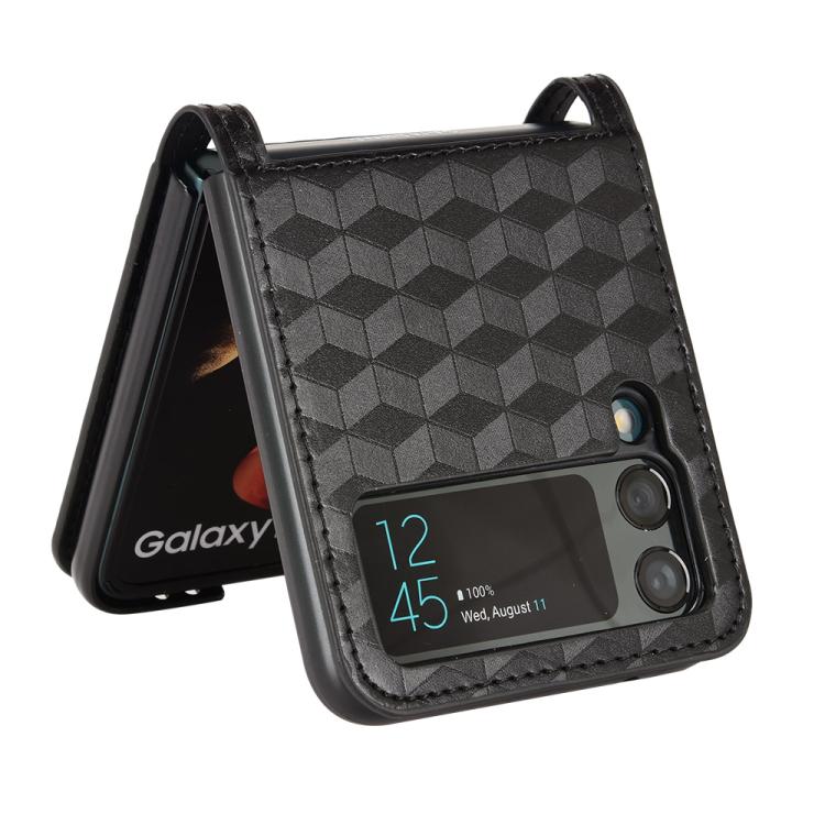 For Samsung Galaxy Z Flip3 Siamese Cubic Grid Texture Card Slot Leather Phone Case