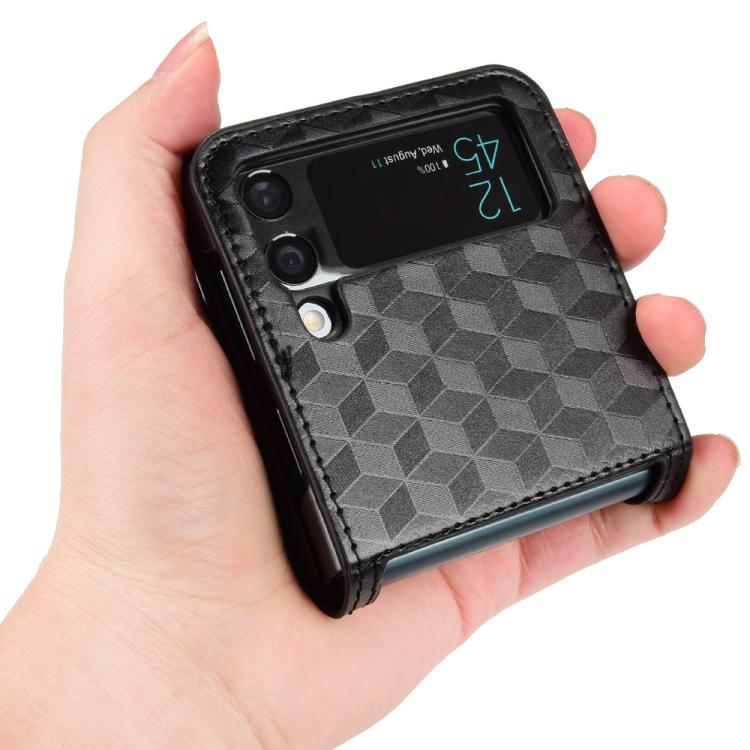 For Samsung Galaxy Z Flip3 Siamese Cubic Grid Texture Card Slot Leather Phone Case