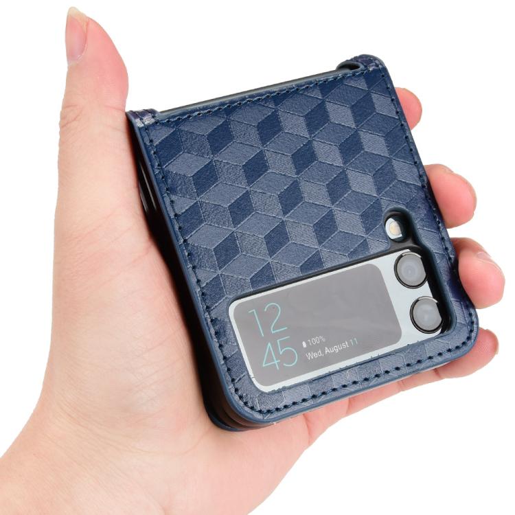 For Samsung Galaxy Z Flip3 Siamese Cubic Grid Texture Card Slot Leather Phone Case
