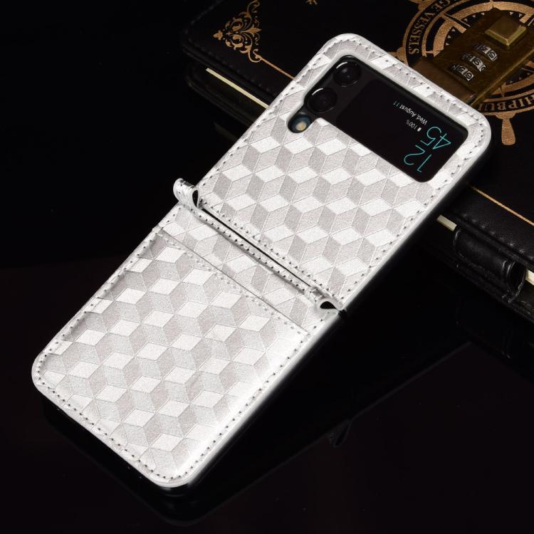For Samsung Galaxy Z Flip3 Siamese Cubic Grid Texture Card Slot Leather Phone Case