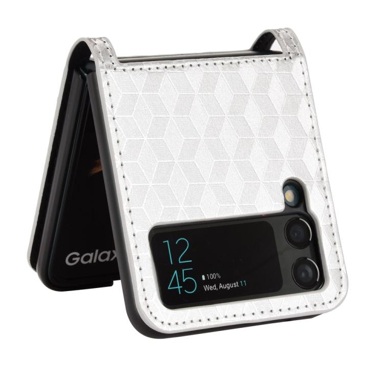 For Samsung Galaxy Z Flip3 Siamese Cubic Grid Texture Card Slot Leather Phone Case